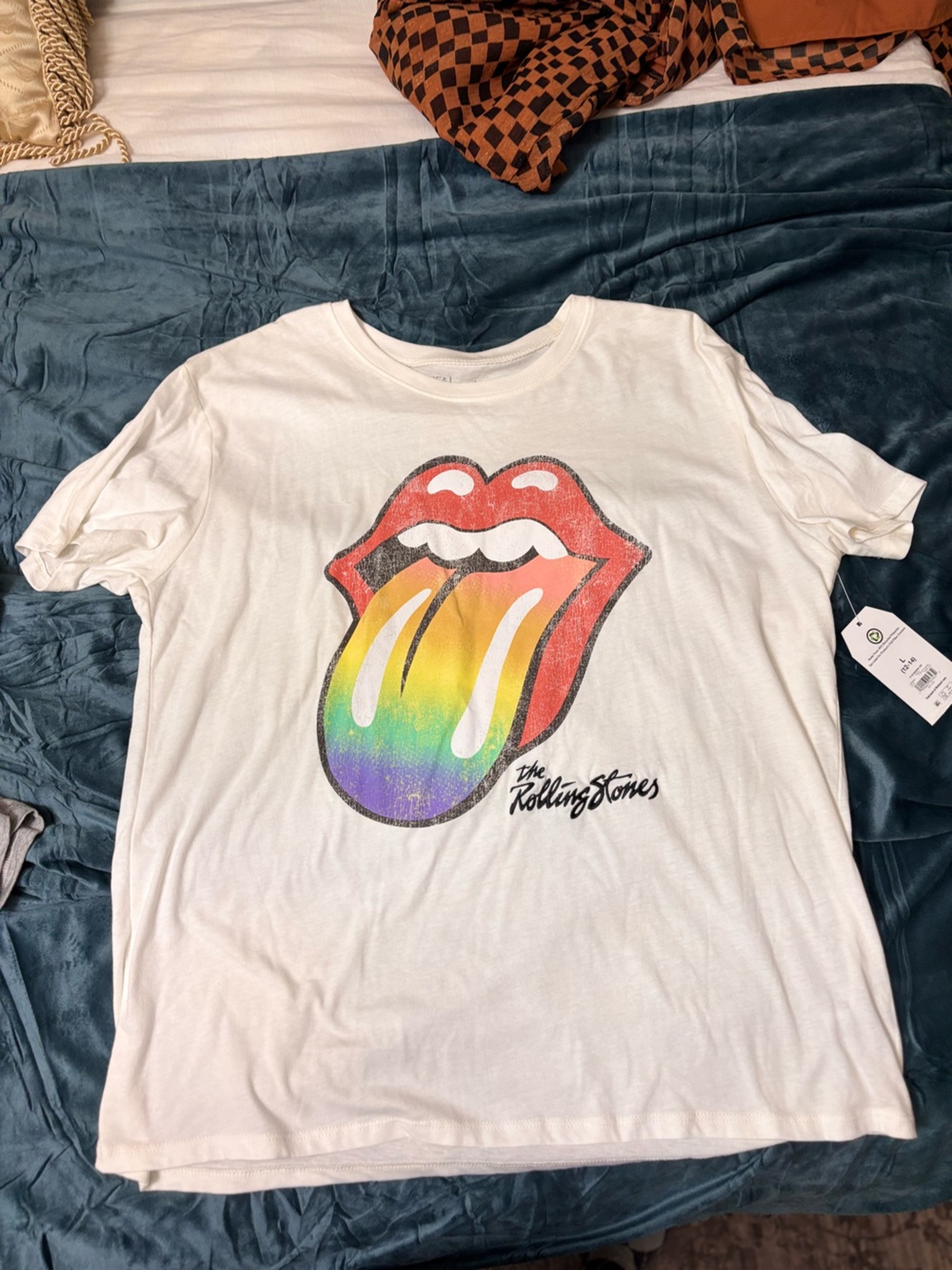 The Rolling Stones White Tee with Rainbow Tongue Graphic